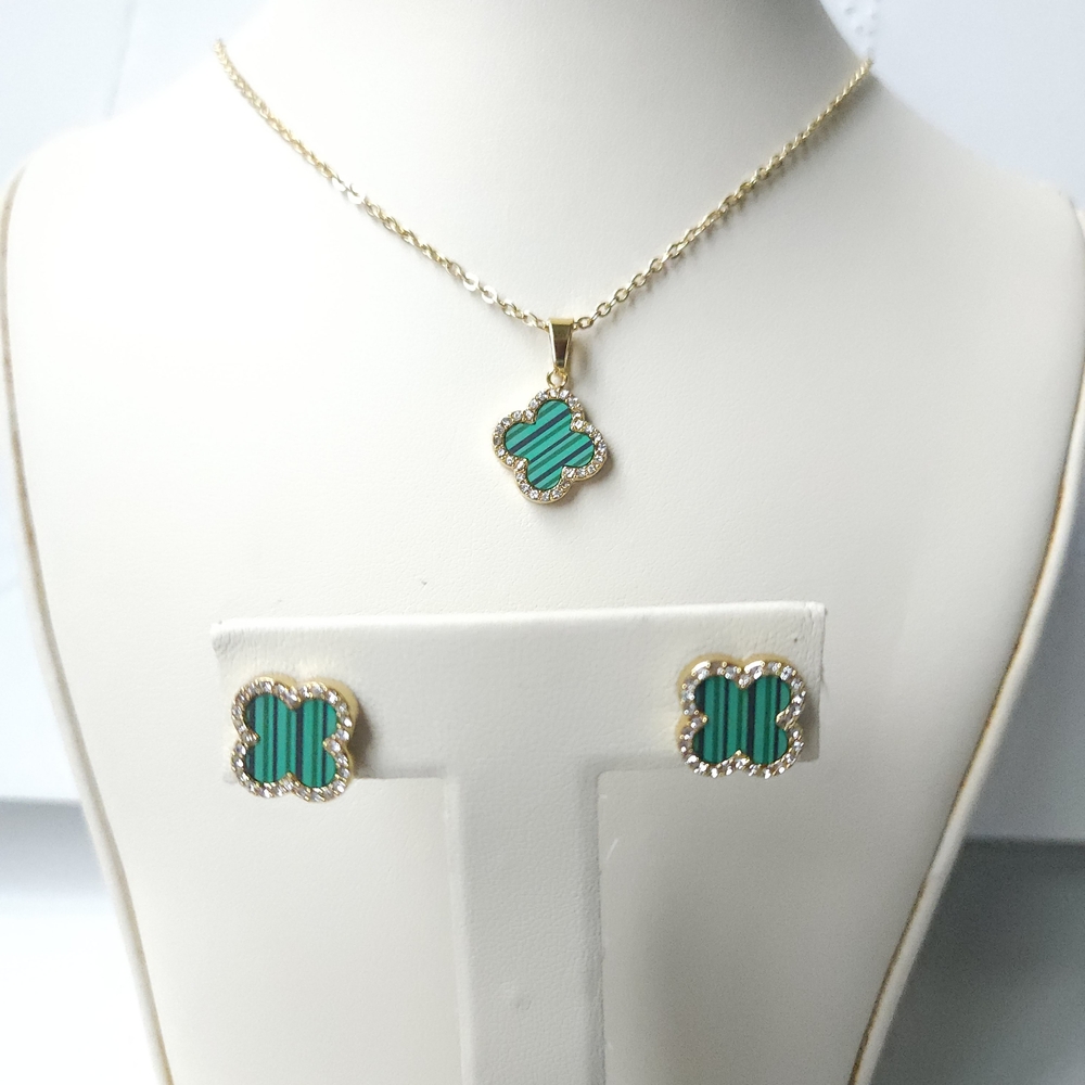 Green Clover Necklace & Earring Set - Stainless Steel